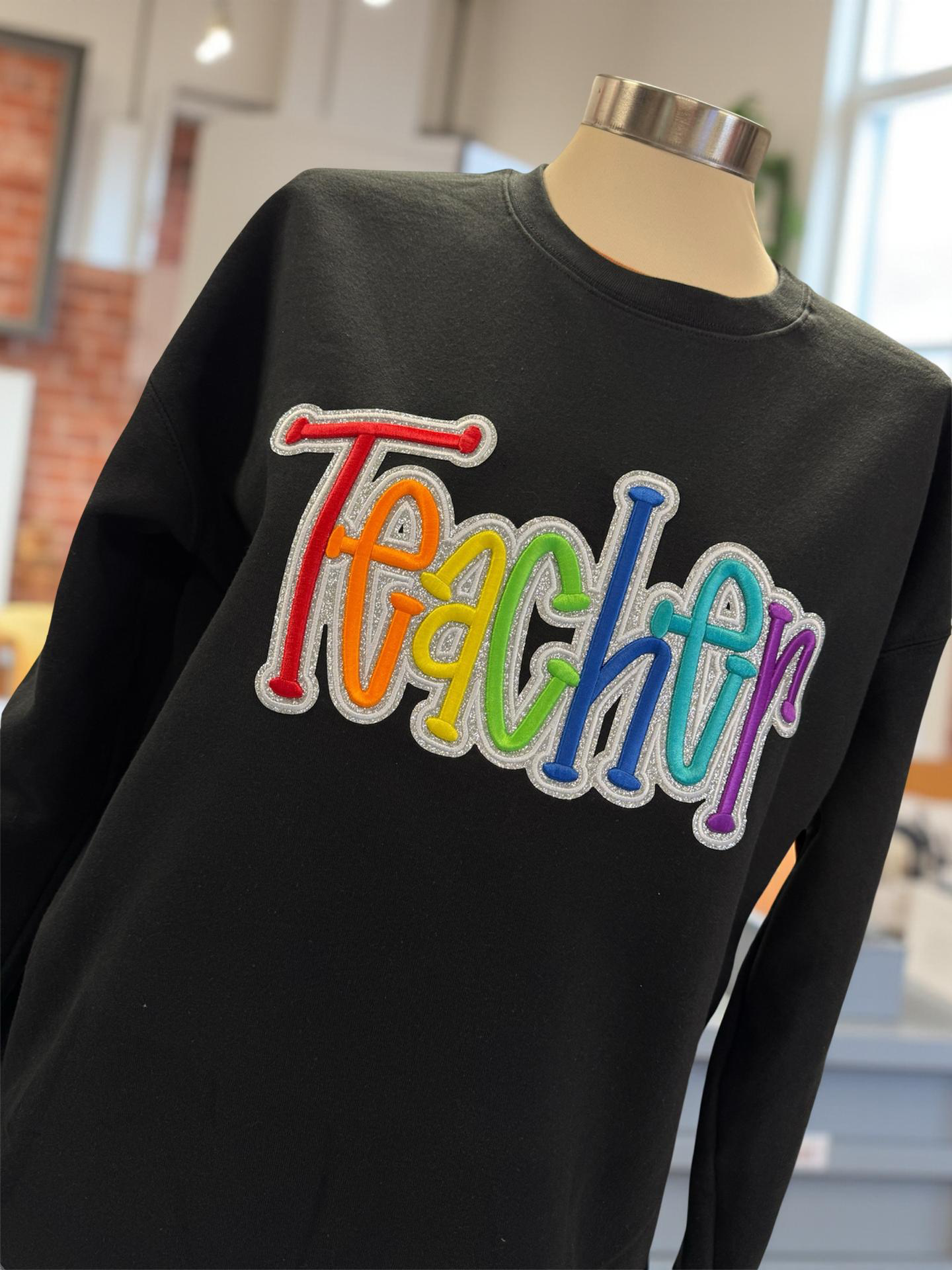 Teacher Cotton Sweatshirt with glitter and 3D Embroidered Patch
